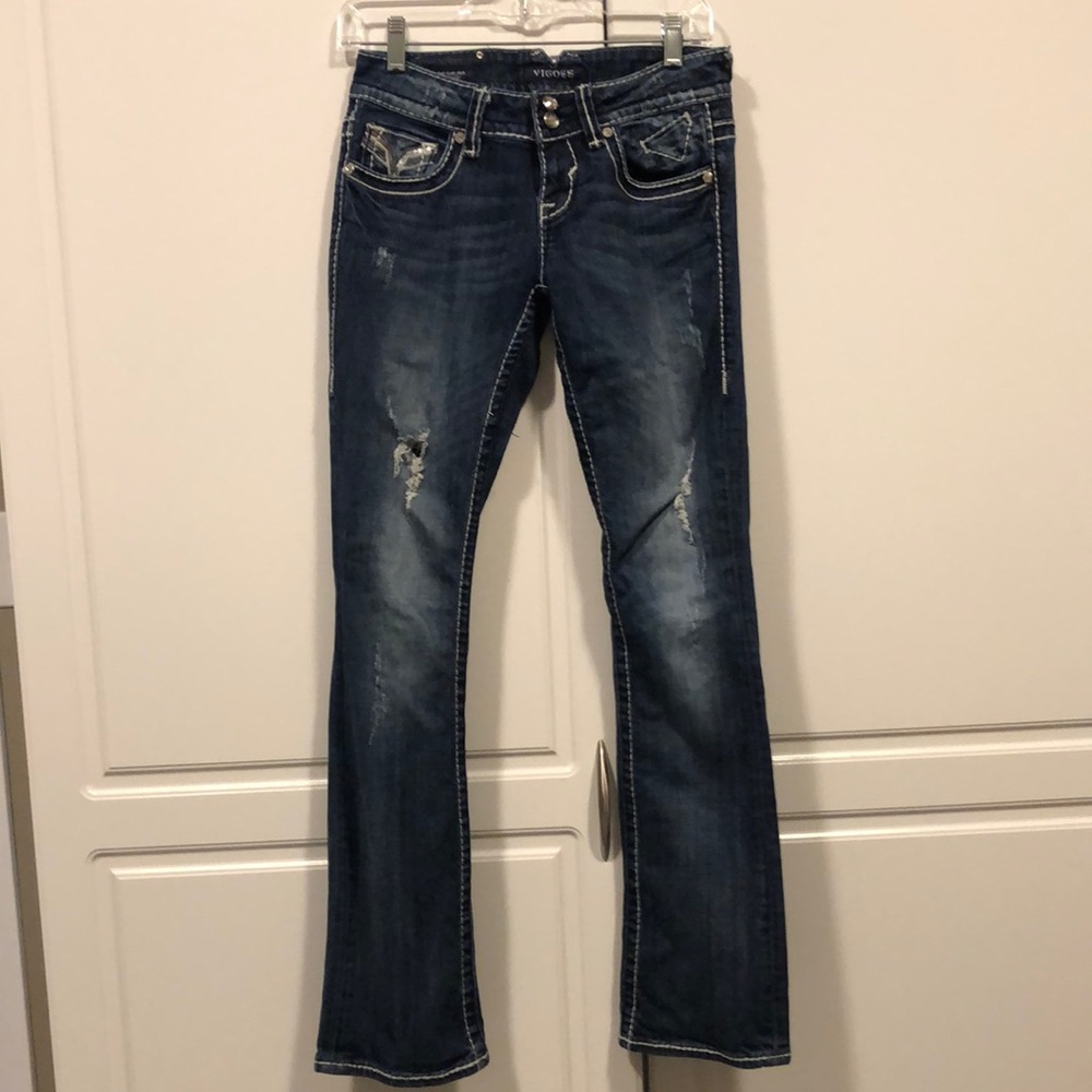 Vigoss jeans Women’s 1 / 2 the Chelsea slim boot cut dark blue denim jean EUC